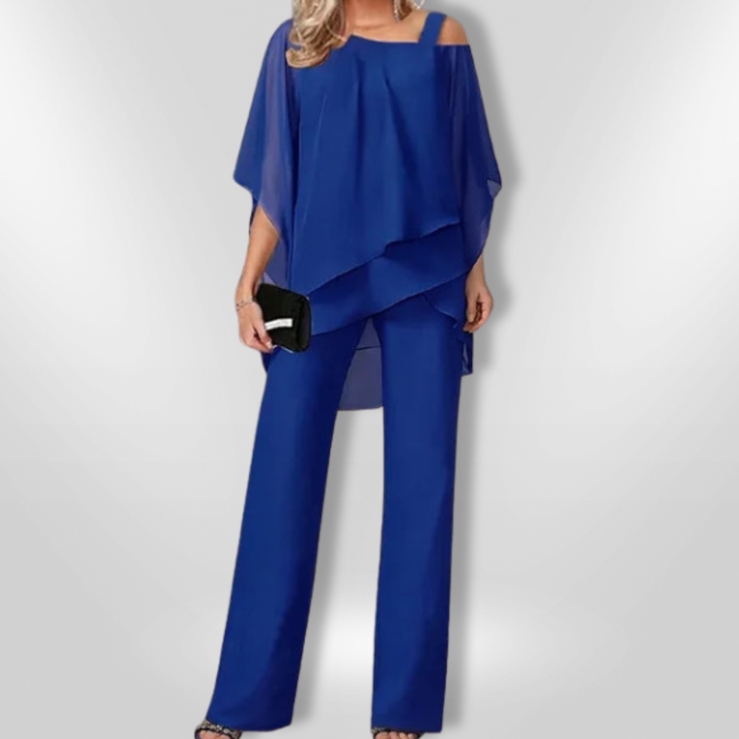 Elegant Kvinna Ensemble med Asymmetrisk Topp &amp; Bred Byxa