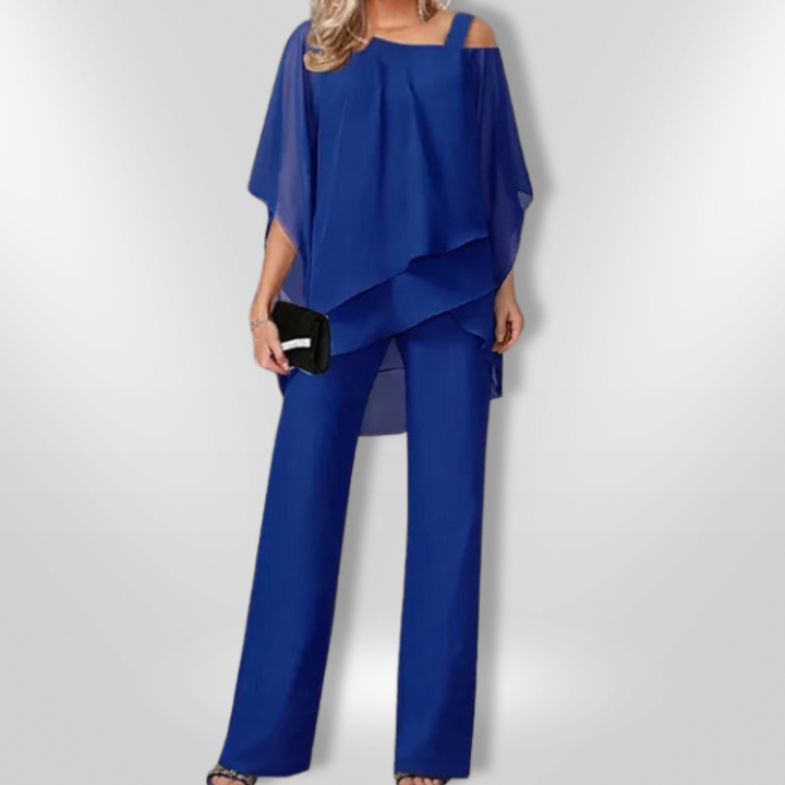 Elegant Kvinna Ensemble med Asymmetrisk Topp &amp; Bred Byxa
