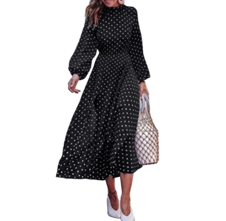 Kvinna Polkadot Maxi Klänning med Långa Ärmar