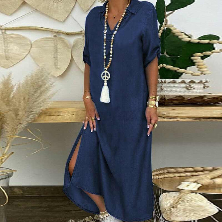 Elegant Maxi Denimklänning - Avslappnad och Stilfull Med V-hals