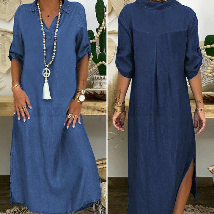 Elegant Maxi Denimklänning - Avslappnad och Stilfull Med V-hals