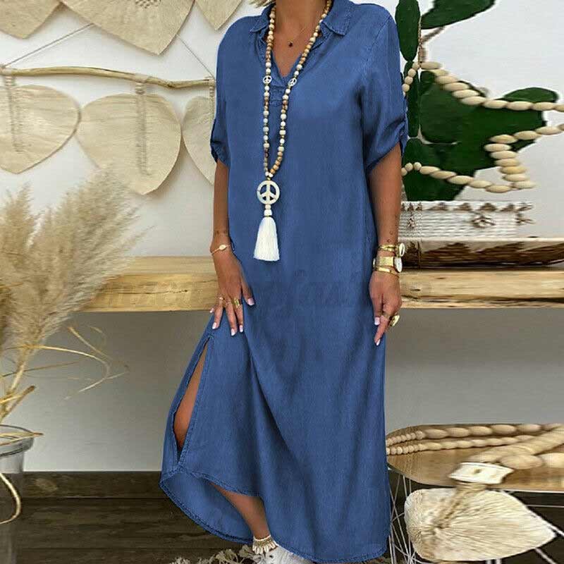 Elegant Maxi Denimklänning - Avslappnad och Stilfull Med V-hals