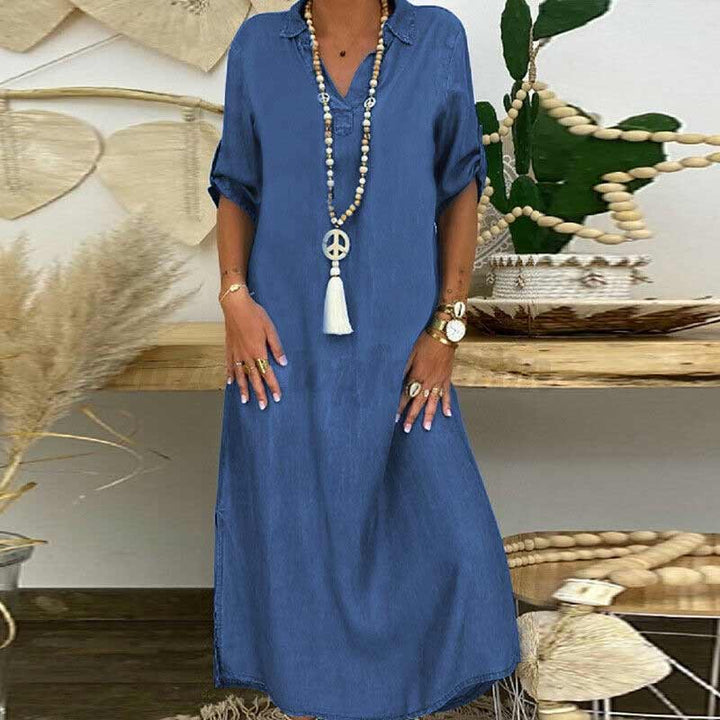 Elegant Maxi Denimklänning - Avslappnad och Stilfull Med V-hals