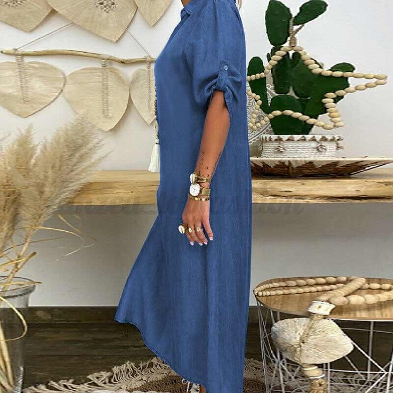 Elegant Maxi Denimklänning - Avslappnad och Stilfull Med V-hals