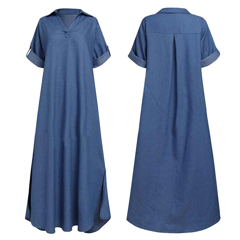 Elegant Maxi Denimklänning - Avslappnad och Stilfull Med V-hals