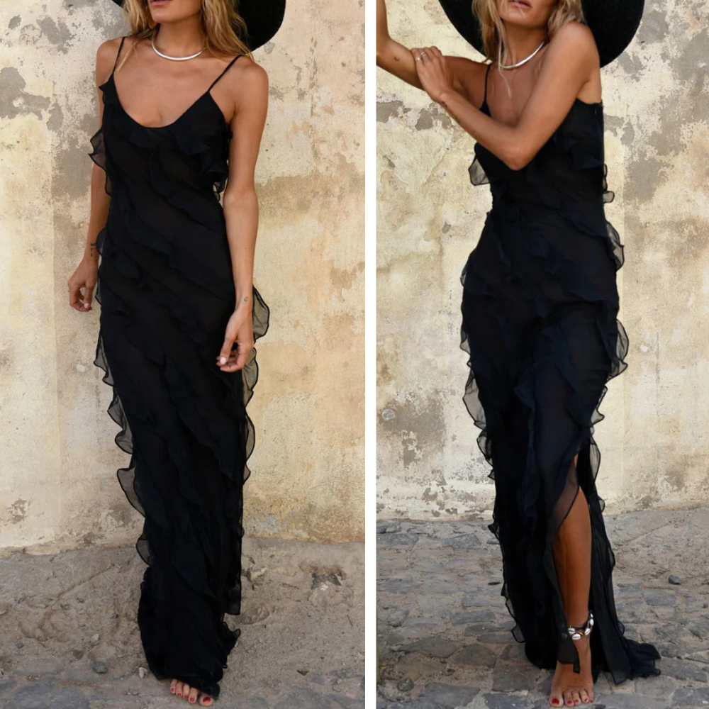 Elegant Maxi Klänning - Spaghettistropper &amp; Ruffle Detaljer