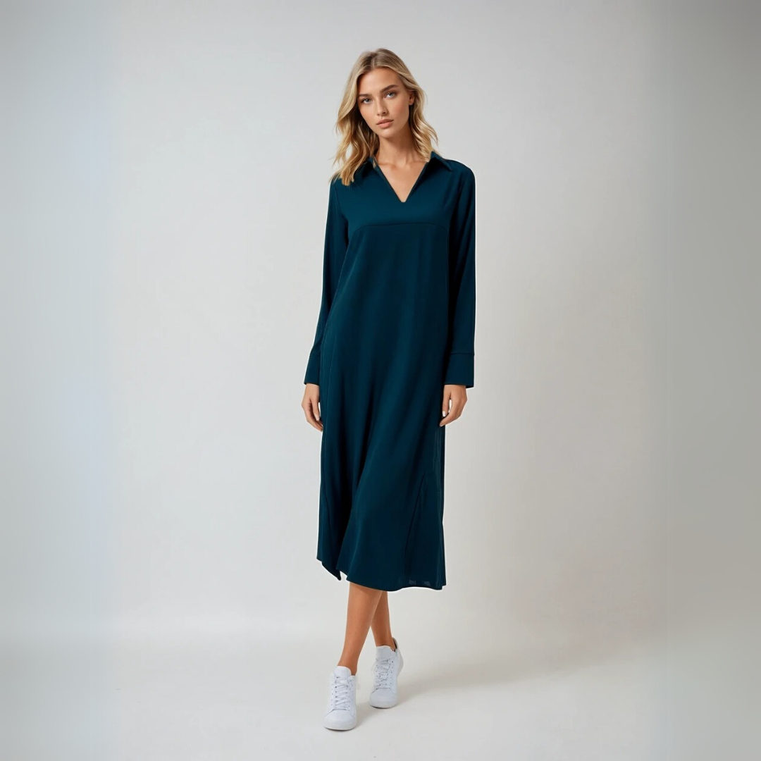 Kvinnor Elegant Maxi Klänning med V-hals, Drapé och Sideslitt