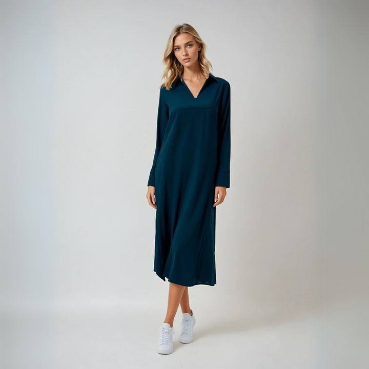 Kvinnor Elegant Maxi Klänning med V-hals, Drapé och Sideslitt