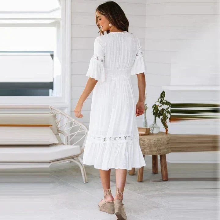 Elegant Klänning - Djup V-hals - Blonder - Flare Ärmar
