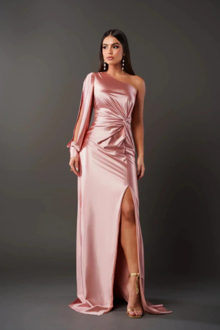 Elegant Kvinna Satin Klänning med Én Ärm
