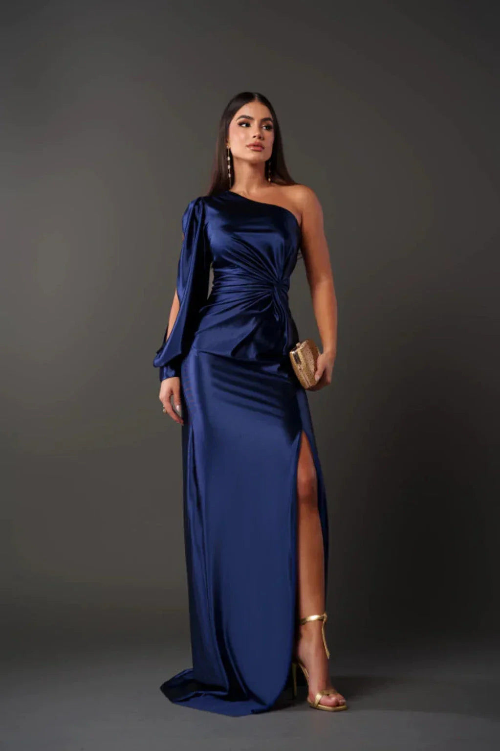 Elegant Kvinna Satin Klänning med Én Ärm