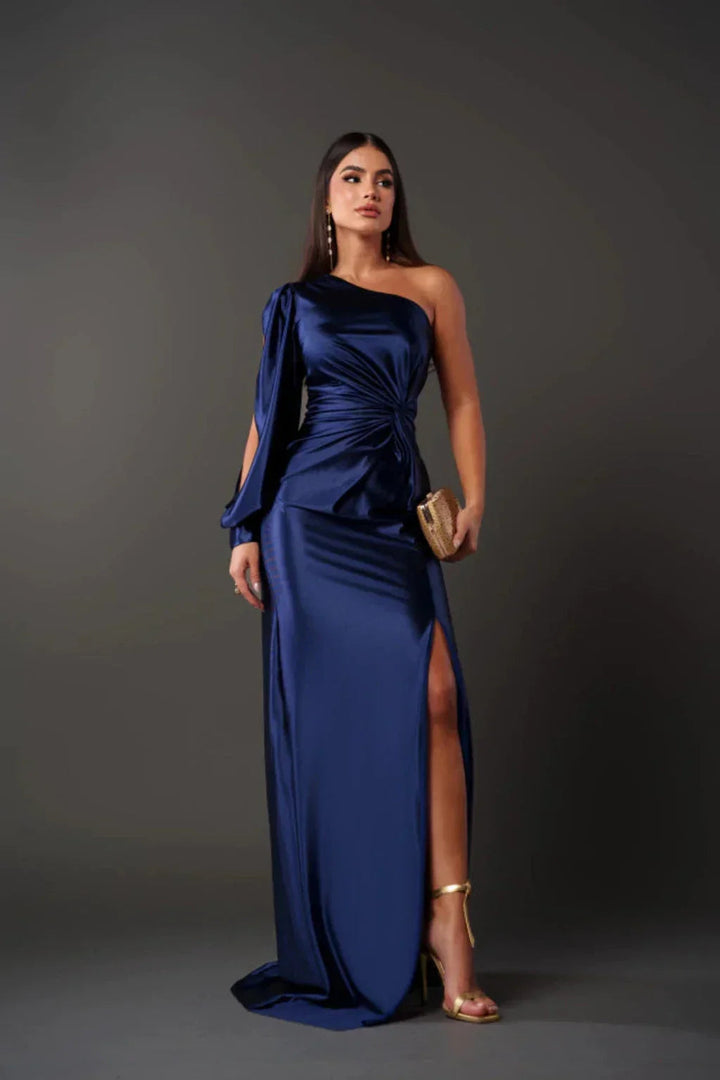 Elegant Kvinna Satin Klänning med Én Ärm