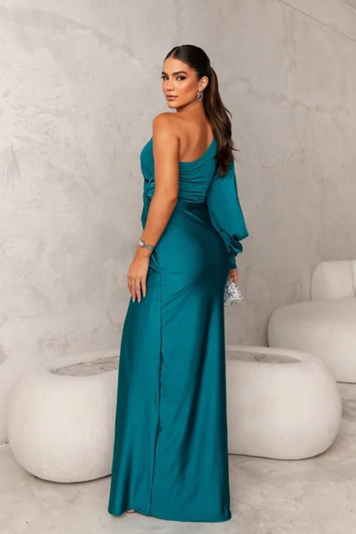 Elegant Kvinna Satin Klänning med Én Ärm