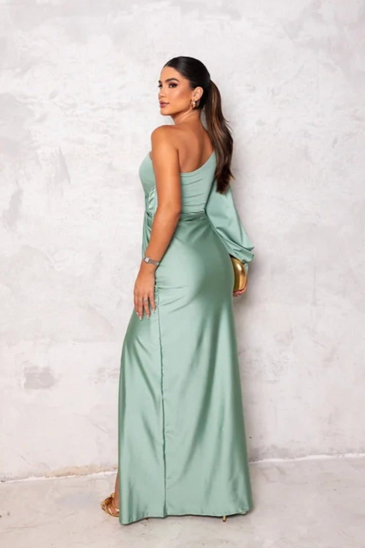 Elegant Kvinna Satin Klänning med Én Ärm