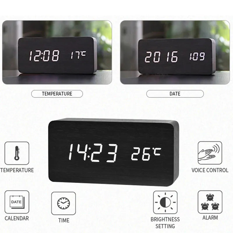 Trä LED Digitalt Vekkerklokke - Stilfull med Temperaturvisning