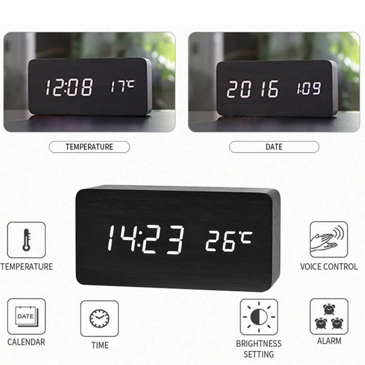 Trä LED Digitalt Vekkerklokke - Stilfull med Temperaturvisning