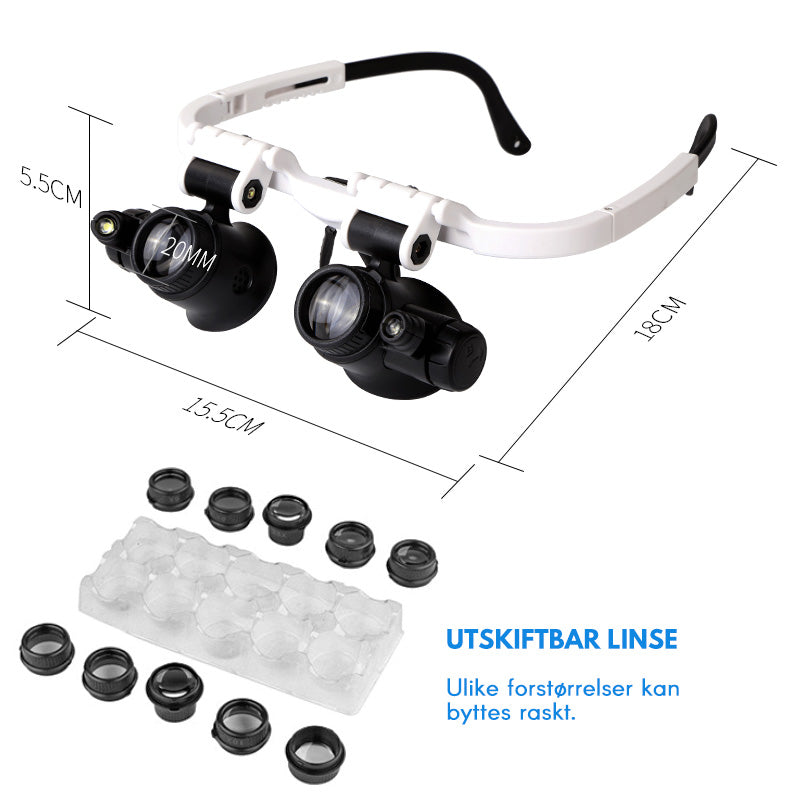 LED-briller med Forstörrelsesglass och Justerbara Linser