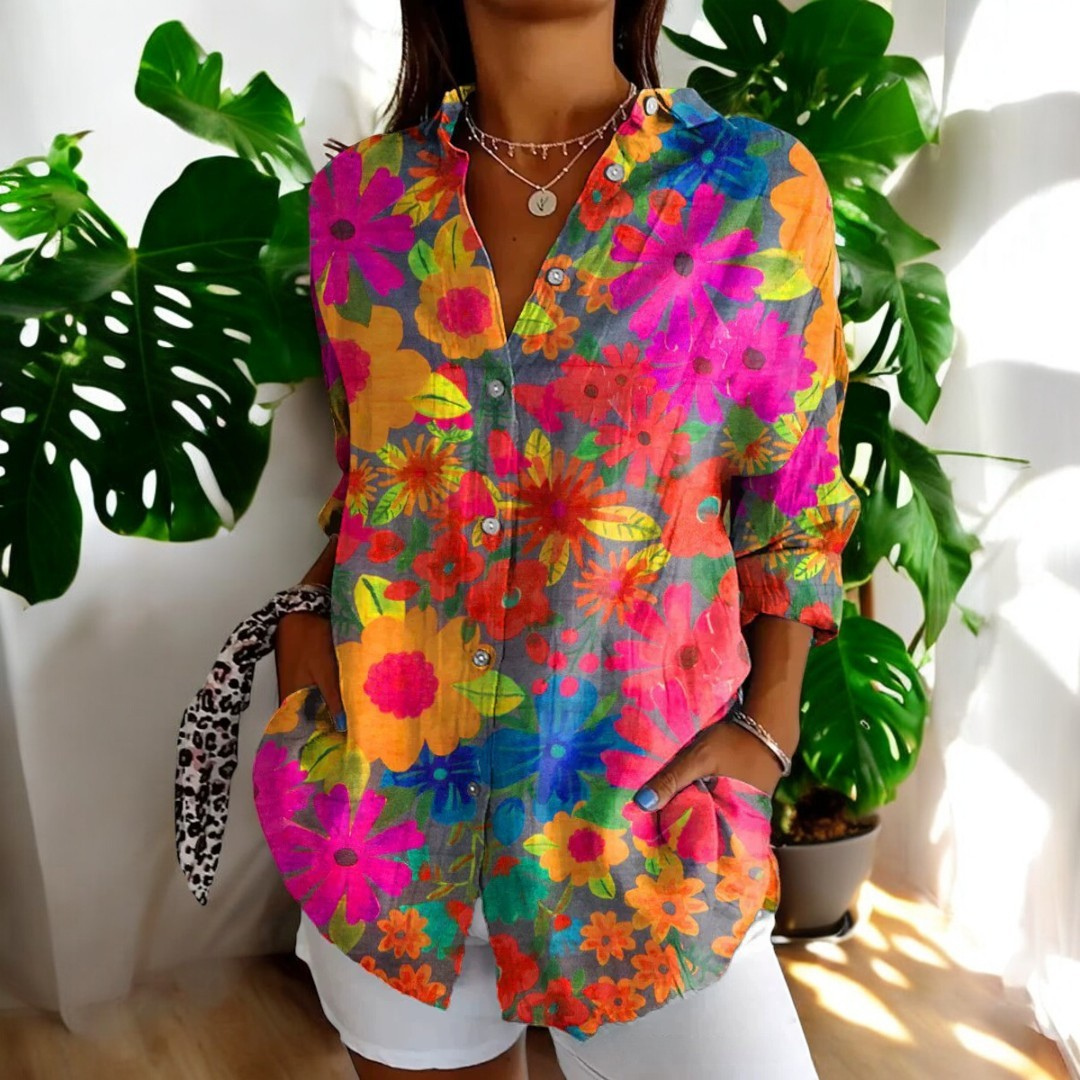 Dam Vintage Blus i Fargerikt Design