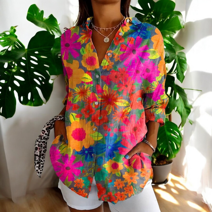 Dam Vintage Blus i Fargerikt Design