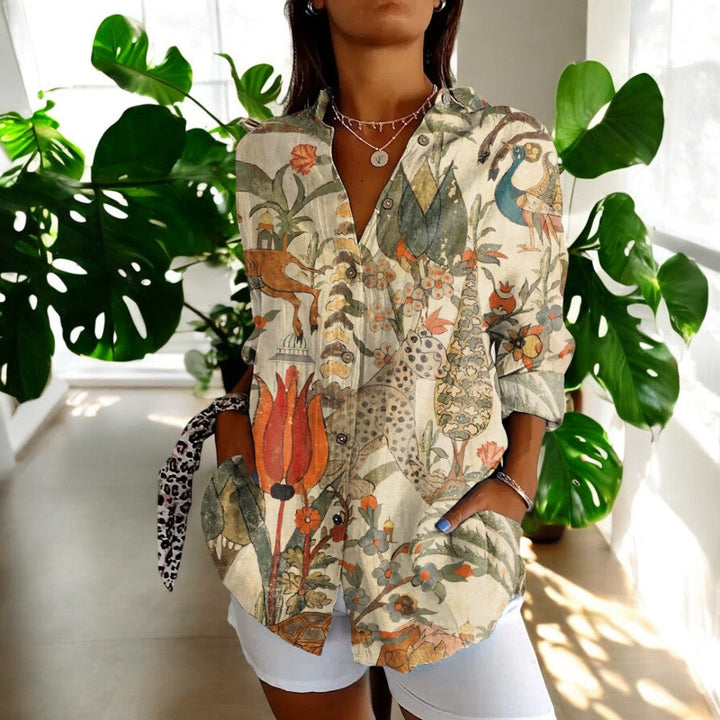 Dam Vintage Blus i Fargerikt Design