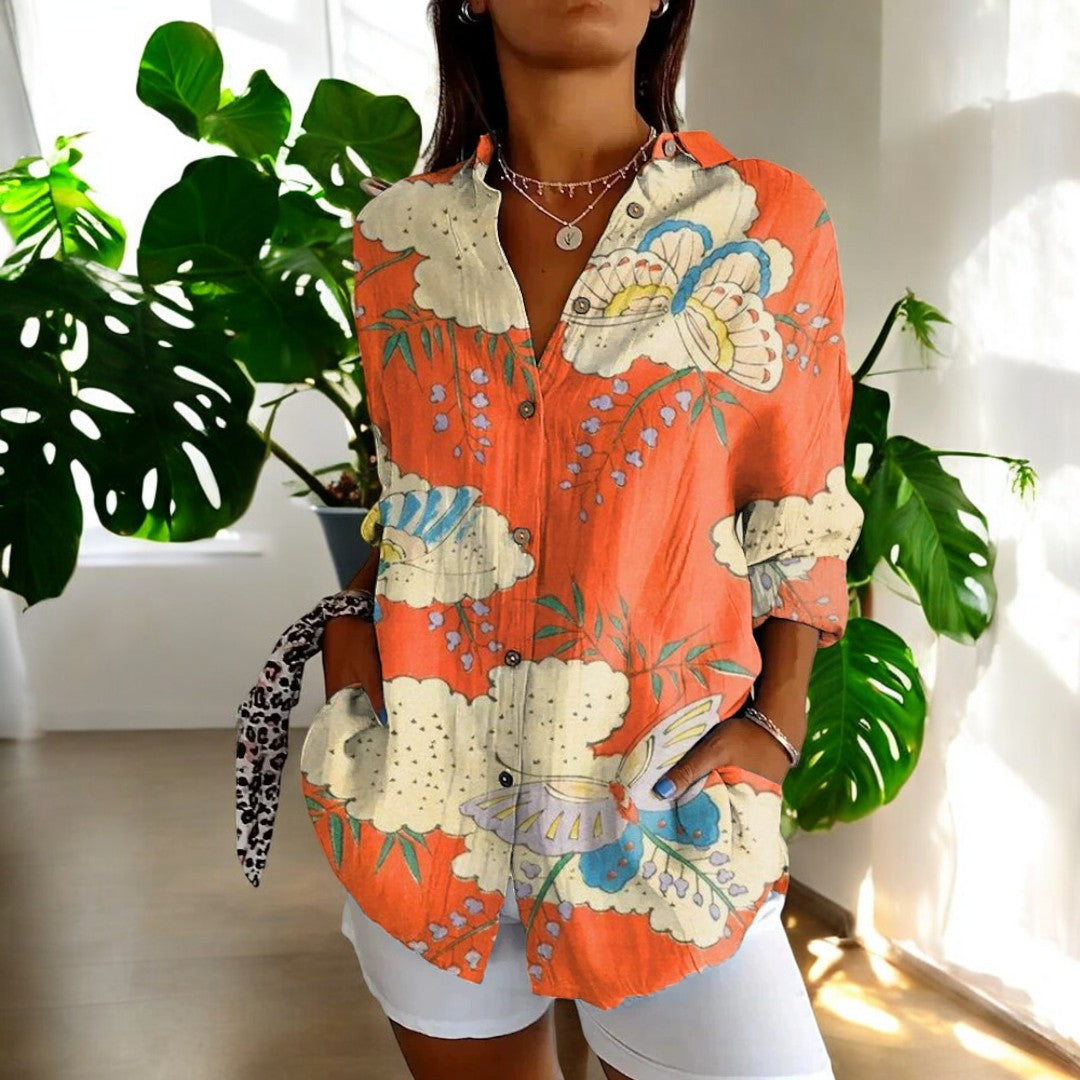 Dam Vintage Blus i Fargerikt Design