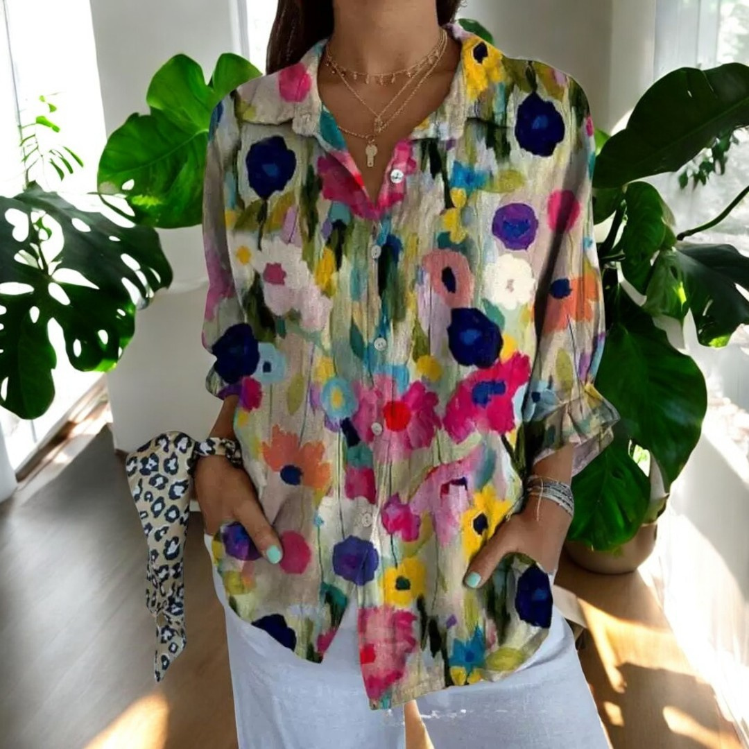 Dam Vintage Blus i Fargerikt Design