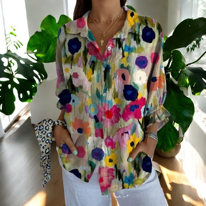 Dam Vintage Blus i Fargerikt Design