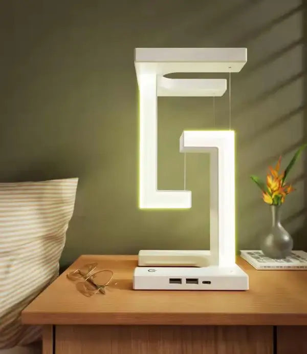Tensegrity LED Bordslampa – Futurisk Ljus med Trådlös Laddning