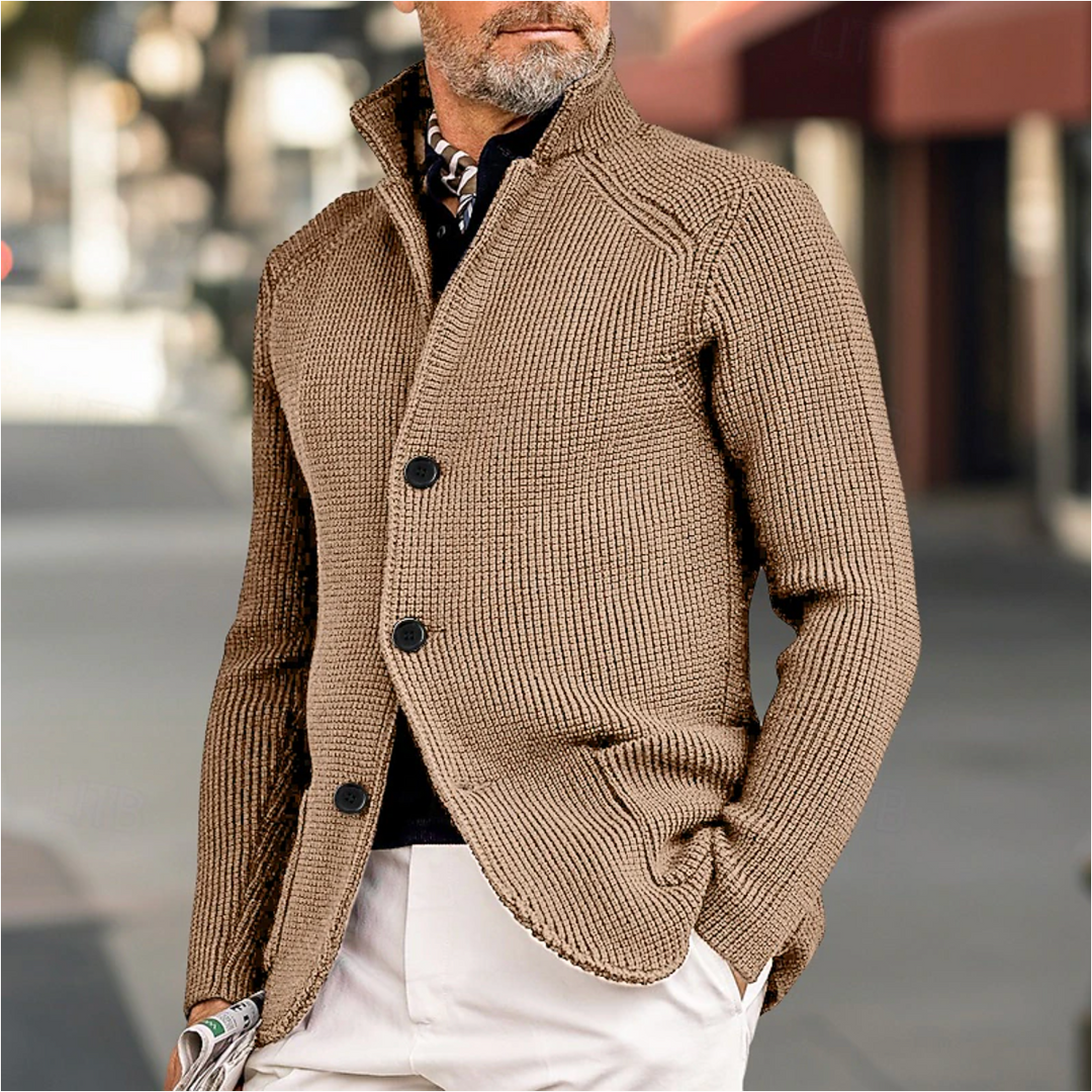 Herr Cardigan med Hög Krage och Ribbet Design