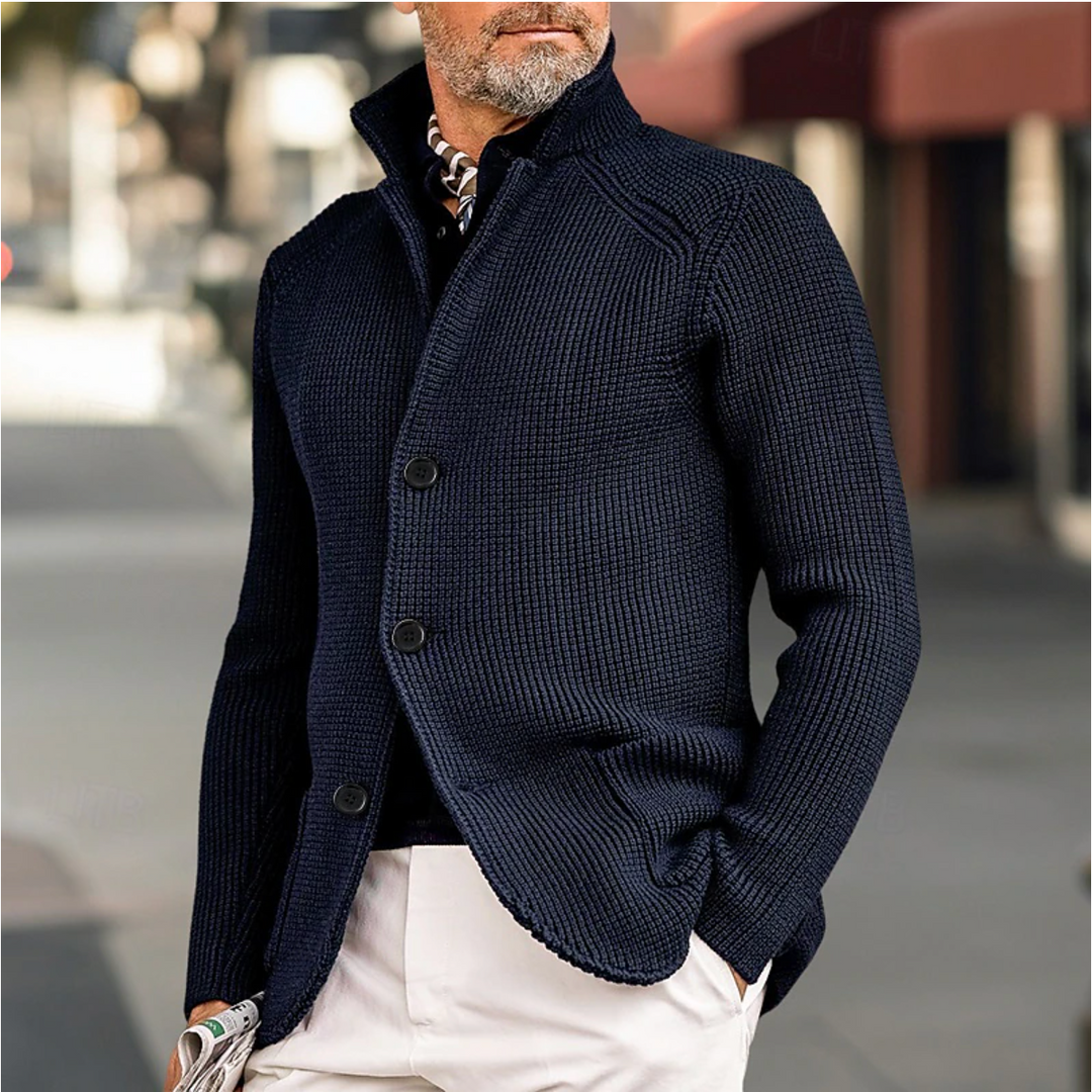 Herr Cardigan med Hög Krage och Ribbet Design