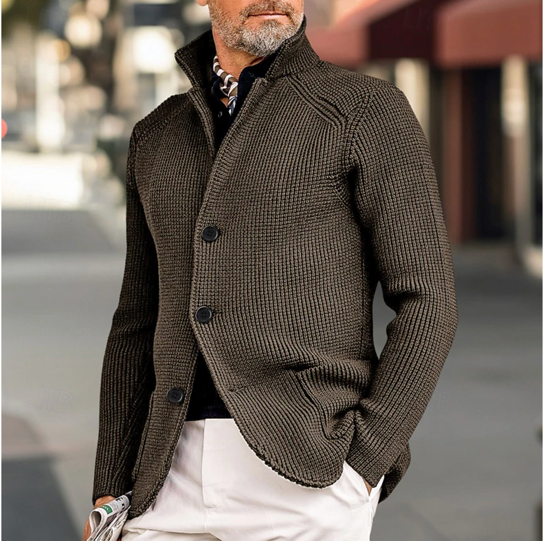 Herr Cardigan med Hög Krage och Ribbet Design