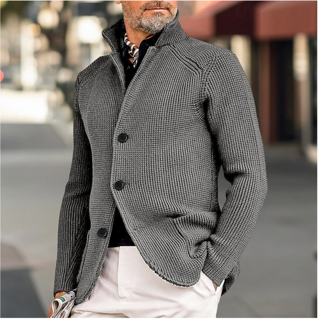 Herr Cardigan med Hög Krage och Ribbet Design