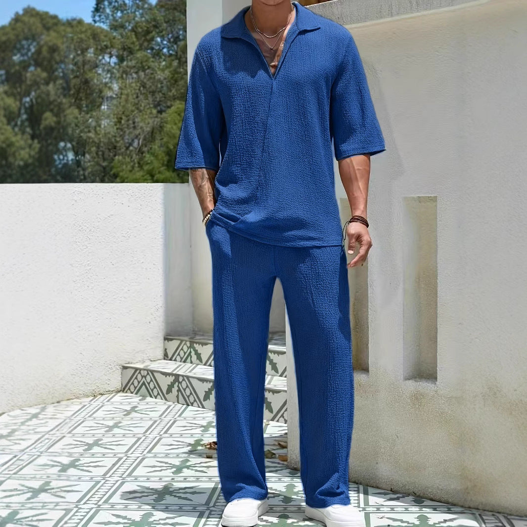 Herr Casual Set med Halv-Blixtlås Skjorta &amp; Byxor