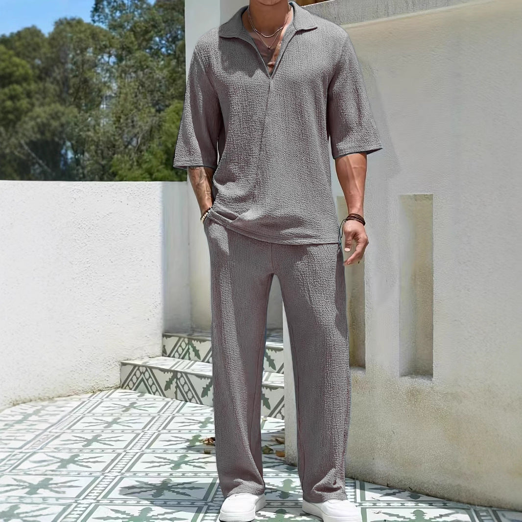 Herr Casual Set med Halv-Blixtlås Skjorta &amp; Byxor