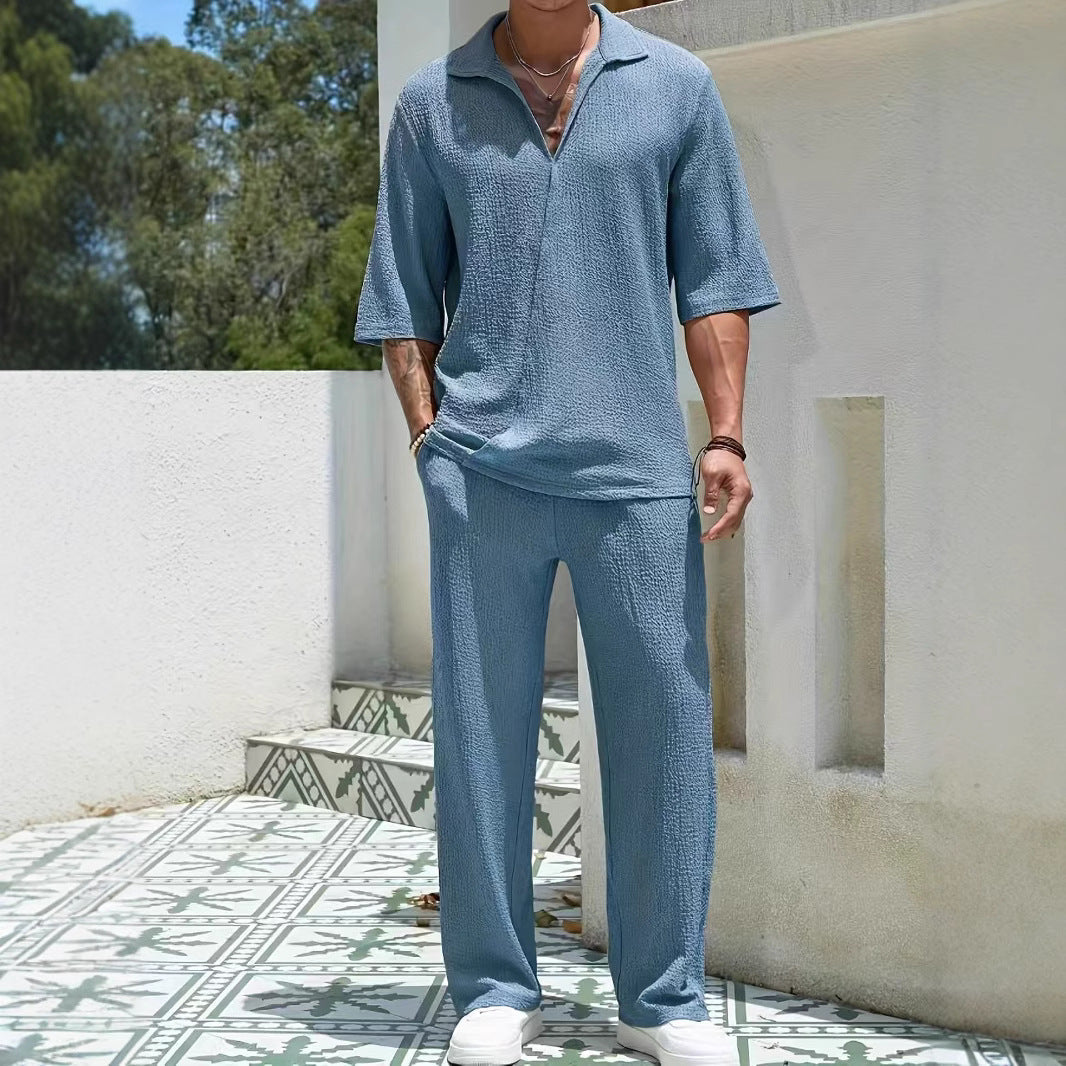 Herr Casual Set med Halv-Blixtlås Skjorta &amp; Byxor