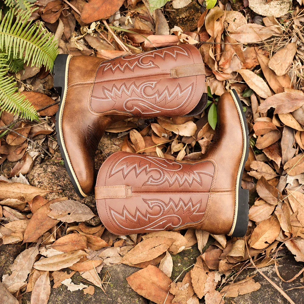 Herr Retro Höga Cowboyboots med Broderte Detaljer
