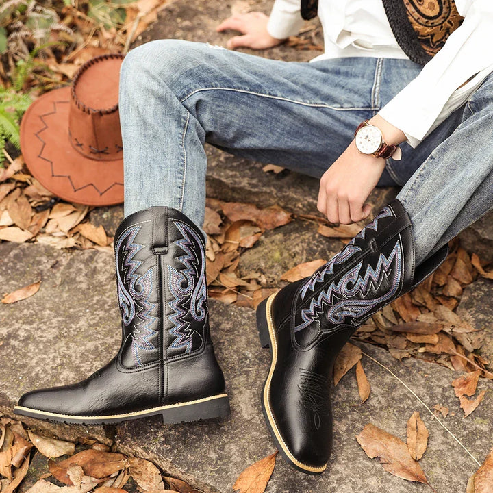 Herr Retro Höga Cowboyboots med Broderte Detaljer