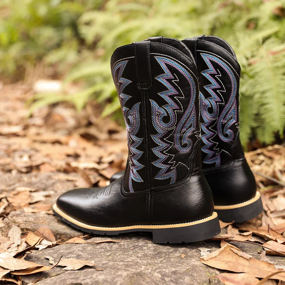 Herr Retro Höga Cowboyboots med Broderte Detaljer