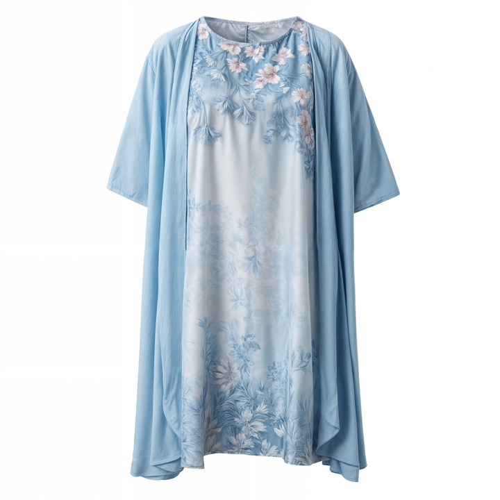 Knelang Kvinneklänning med Blomtryck och Matchende Cardigan