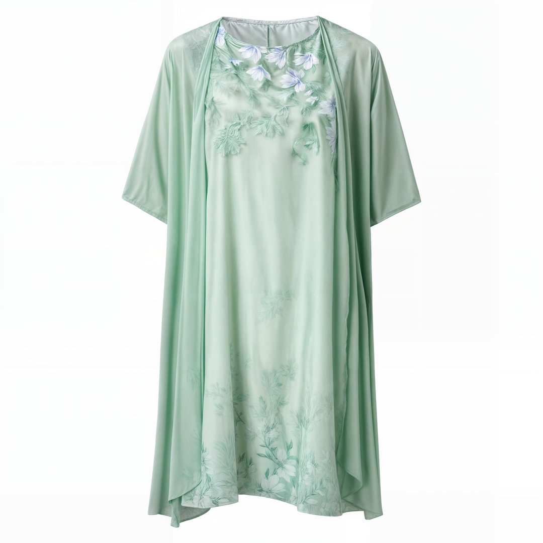 Knelang Kvinneklänning med Blomtryck och Matchende Cardigan