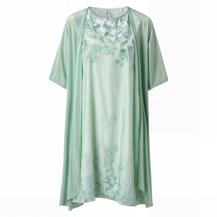 Knelang Kvinneklänning med Blomtryck och Matchende Cardigan