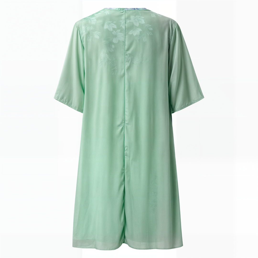 Knelang Kvinneklänning med Blomtryck och Matchende Cardigan