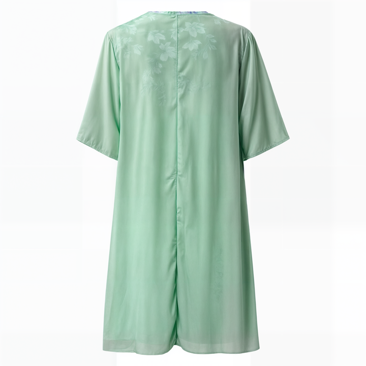 Knelang Kvinneklänning med Blomtryck och Matchende Cardigan