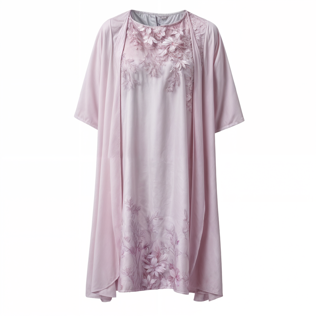 Knelang Kvinneklänning med Blomtryck och Matchende Cardigan