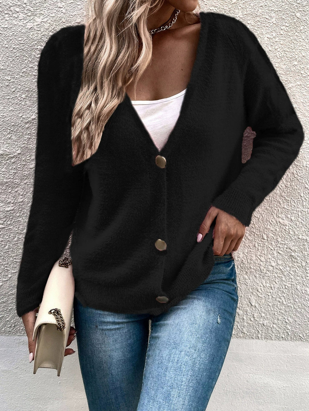 Kvinna Cardigan V-Hals Knapp Front