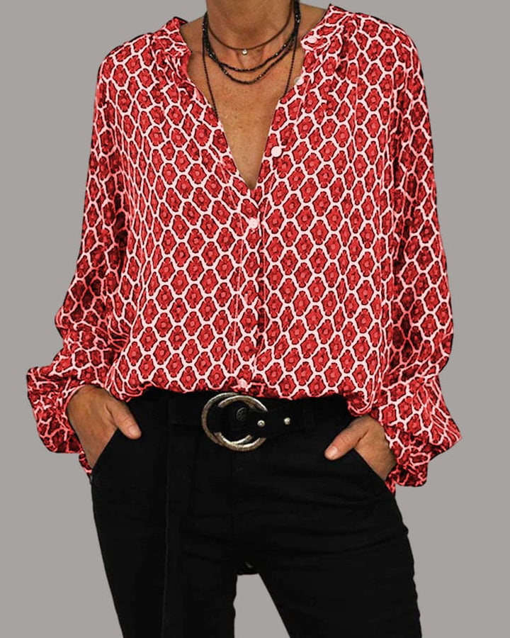 Kvinna Blus med Långa Ärmar och V-hals - Elegant Geometrisk Mönster