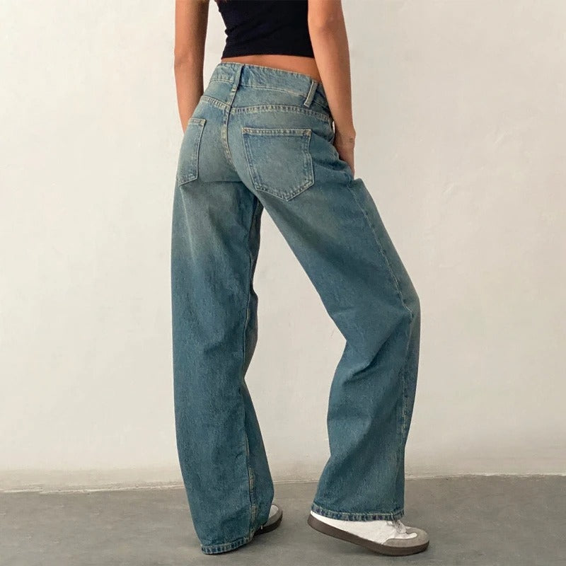 Kvinnor Baggy Boyfriend-Jeans med Låg Midja