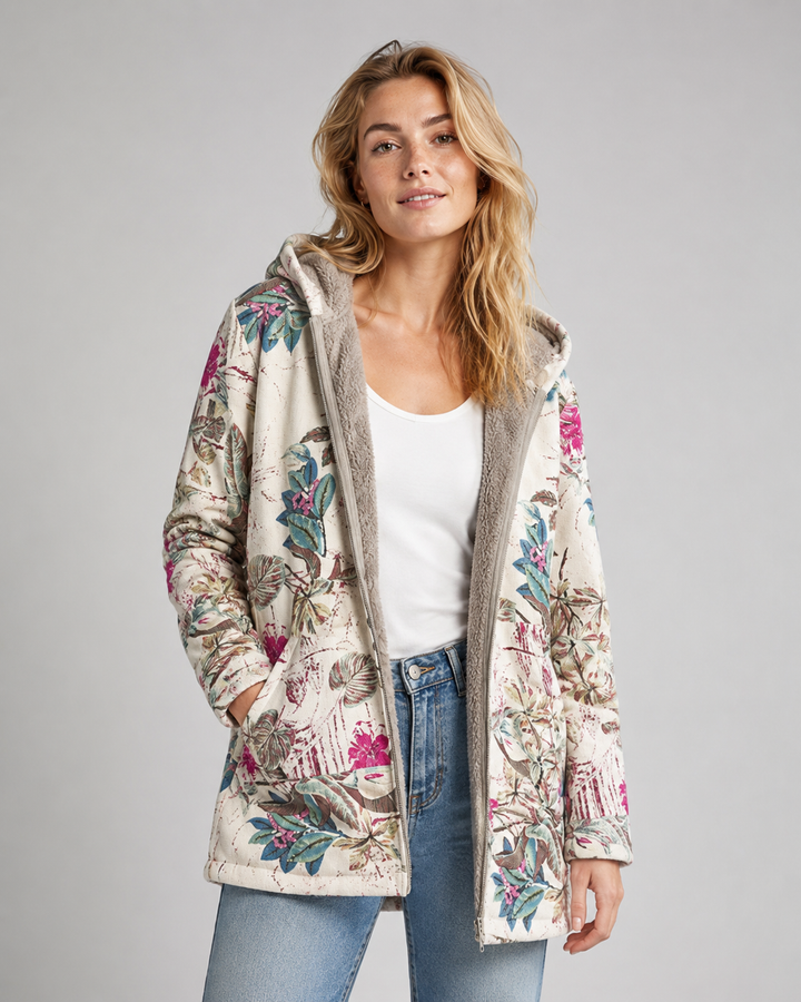 Dam Fleecejakke med Huva och Blomsterdesign