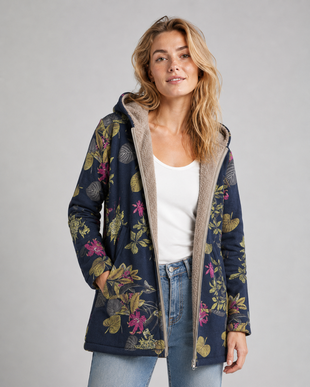 Dam Fleecejakke med Huva och Blomsterdesign