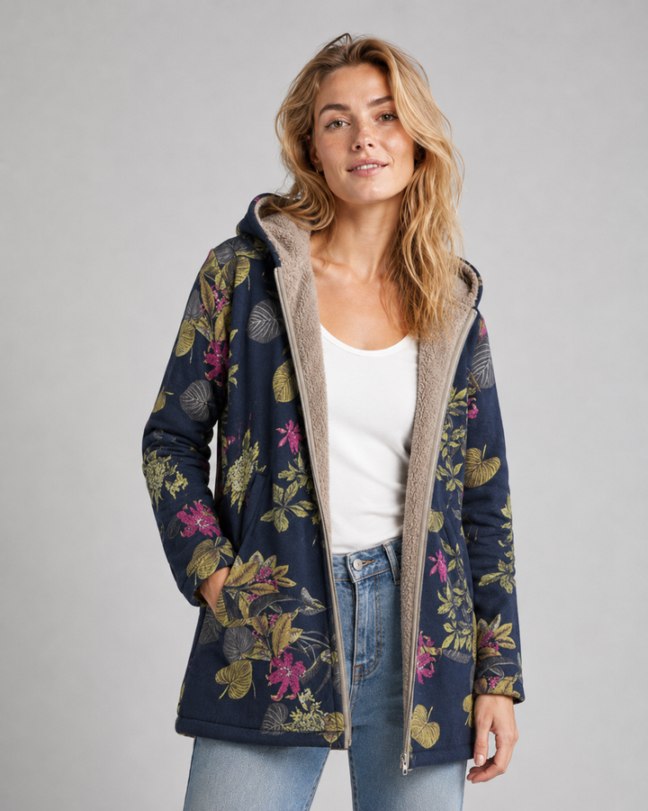 Dam Fleecejakke med Huva och Blomsterdesign
